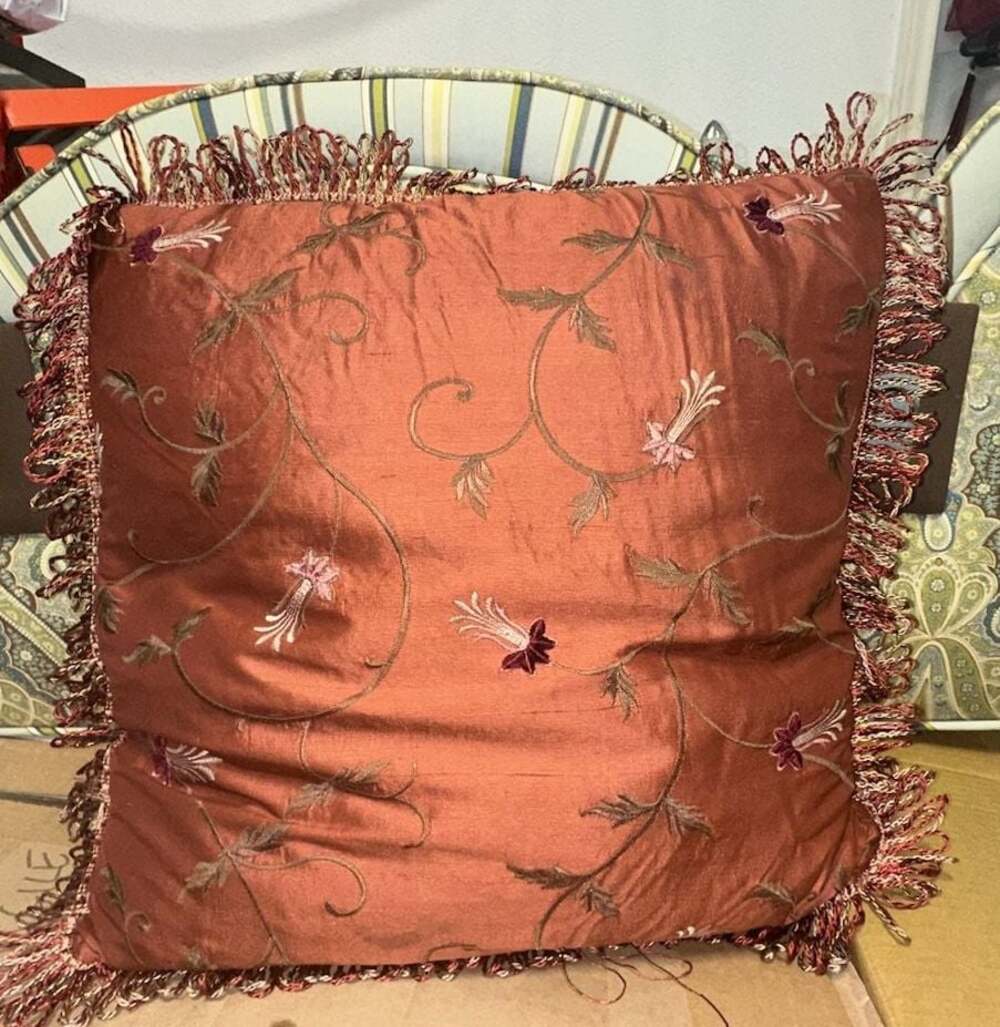 Orange Burnt Embroidery Flower Print 18x18 Inch Throw Pillow